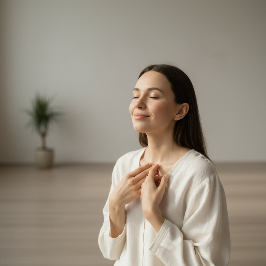 A relaxed individual with closed eyes, serene expression, embodying relief and mental clarity.